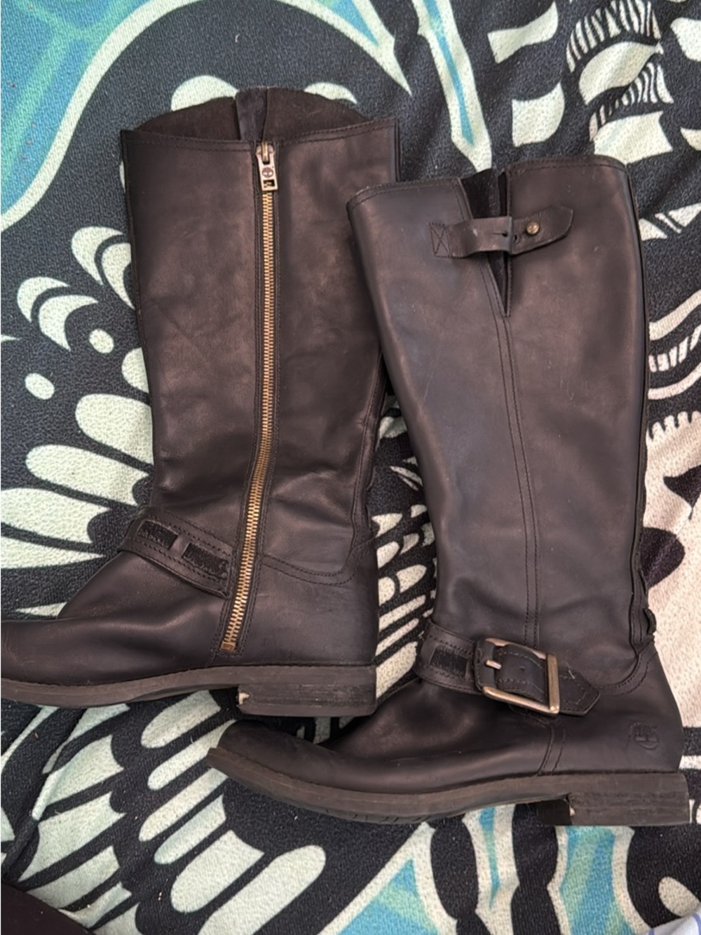 Timberland Black Leather Mid-Calf Riding Boots with Buckle & Side Zip